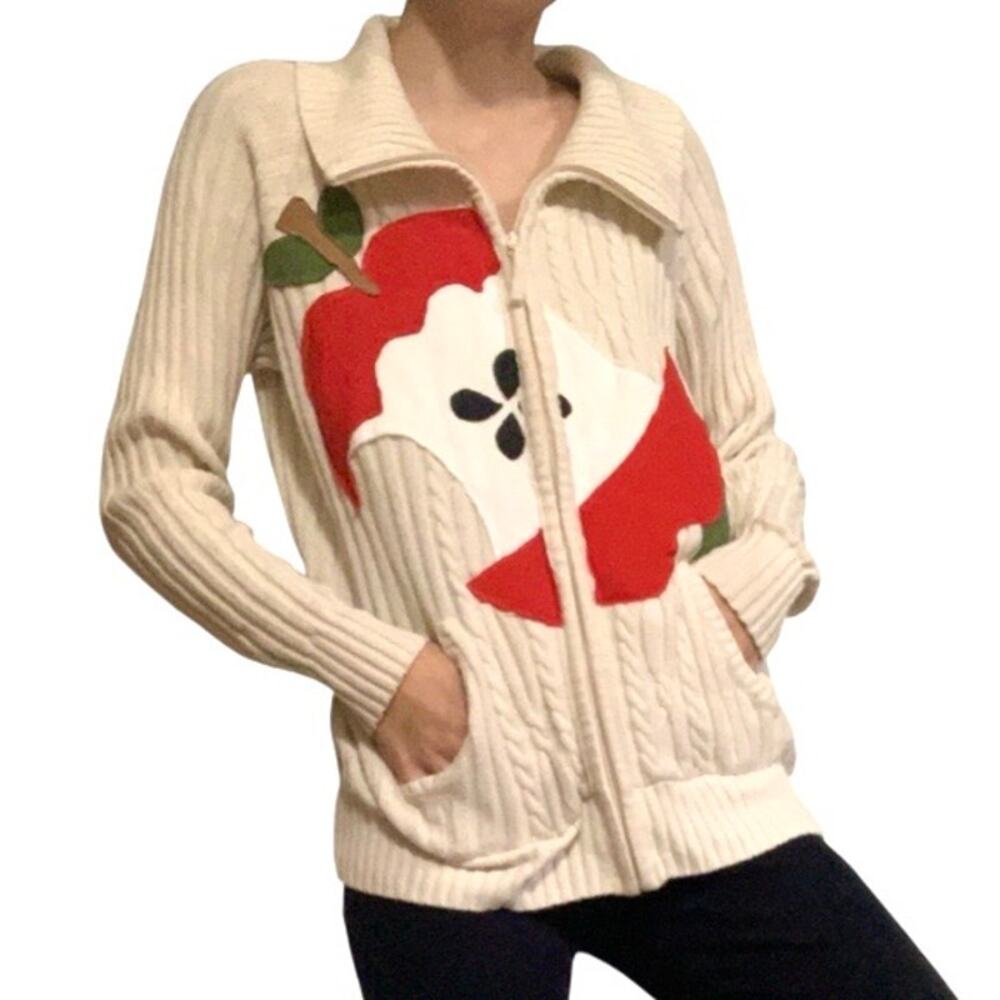 Custom Upcycled Eaten Apple Patchwork Cream Knit Zip Sweater – Large